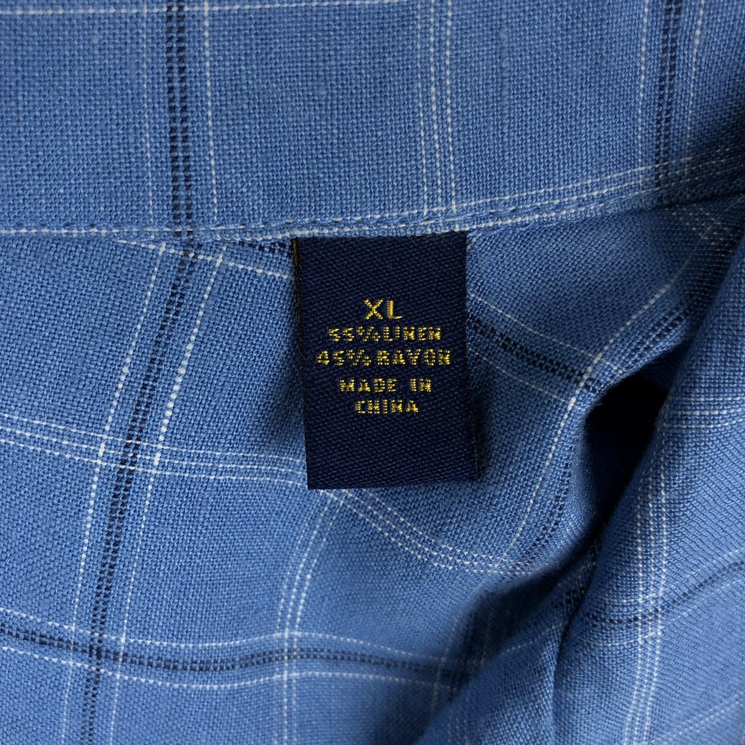 CLUB ROOM Check Pattern Short-Sleeve Open Collar Linen x Rayon Box Shirt Men's XL Equivalent linen blue type Vintage Second Hand