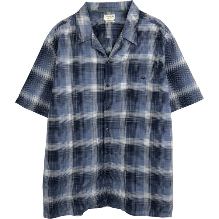 St. John's Bay Organics Check Pattern Ombre Check Short Sleeve Open Collar Linen x Cotton Box Shirt linen blue type Vintage Second Hand
