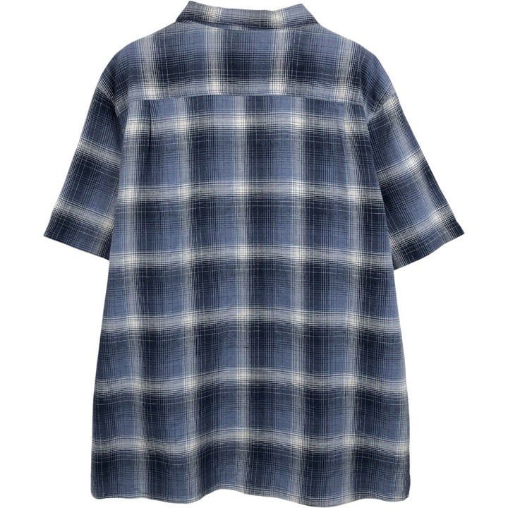 St. John's Bay Organics Check Pattern Ombre Check Short Sleeve Open Collar Linen x Cotton Box Shirt linen blue type Vintage Second Hand