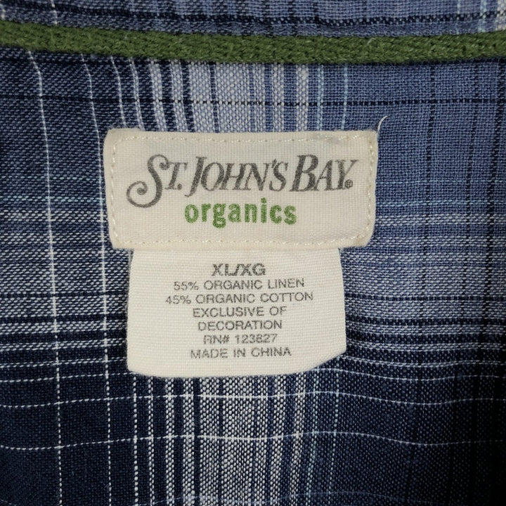 St. John's Bay Organics Check Pattern Ombre Check Short Sleeve Open Collar Linen x Cotton Box Shirt linen blue type Vintage Second Hand