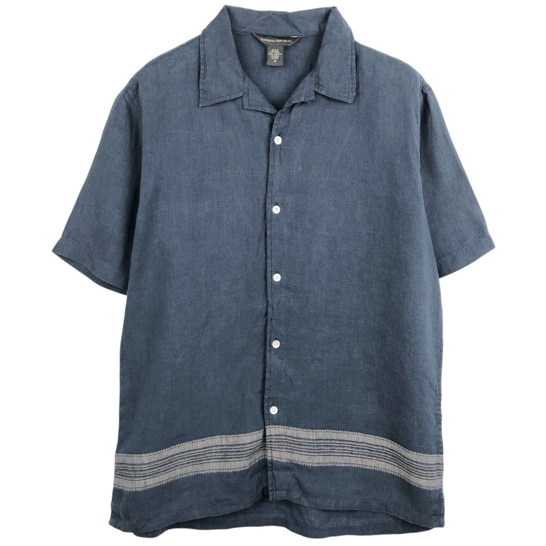 2000'S Banana Republic short-sleeved open-collar linen box shirt, men's size M linen navy blue type Vintage Second Hand