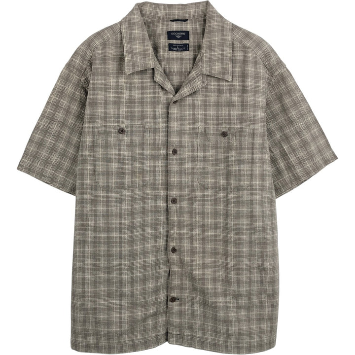 Dockers Check Pattern Short Sleeve Open Collar Cotton and Linen Box Shirt, Men's Size L linen brown type Vintage Second Hand