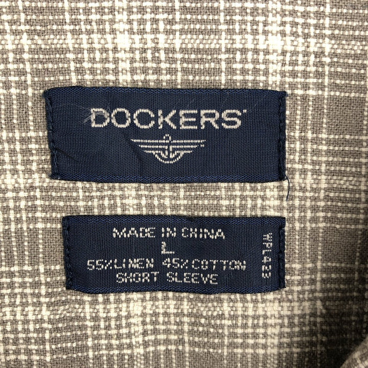 Dockers Check Pattern Short Sleeve Open Collar Cotton and Linen Box Shirt, Men's Size L linen brown type Vintage Second Hand