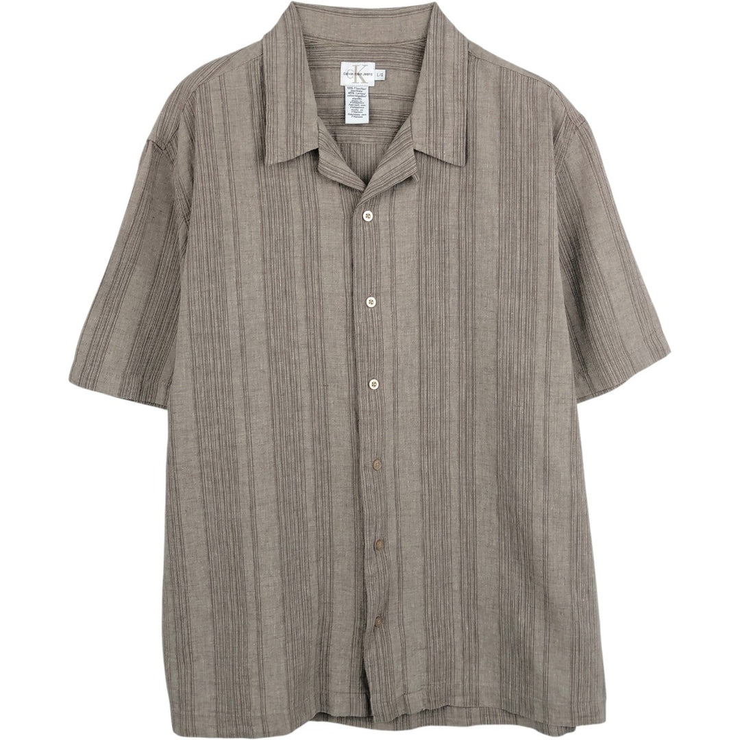 90s-00'S Calvin Klein Jeans Multi-stripe Short-sleeved Open-collar Linen x Cotton Box Shirt linen Beige type Vintage Second Hand