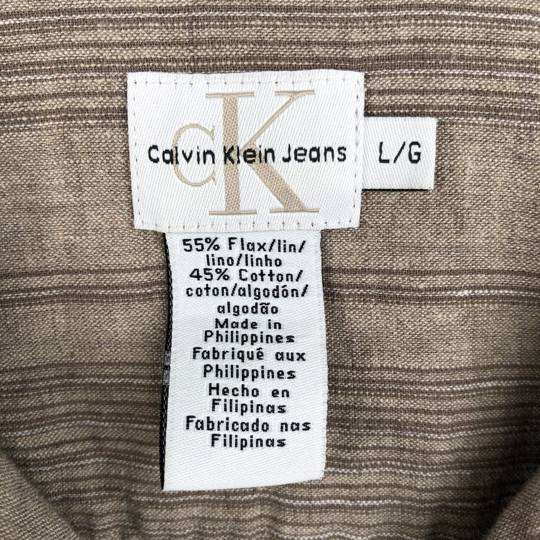 90s-00'S Calvin Klein Jeans Multi-stripe Short-sleeved Open-collar Linen x Cotton Box Shirt linen Beige type Vintage Second Hand