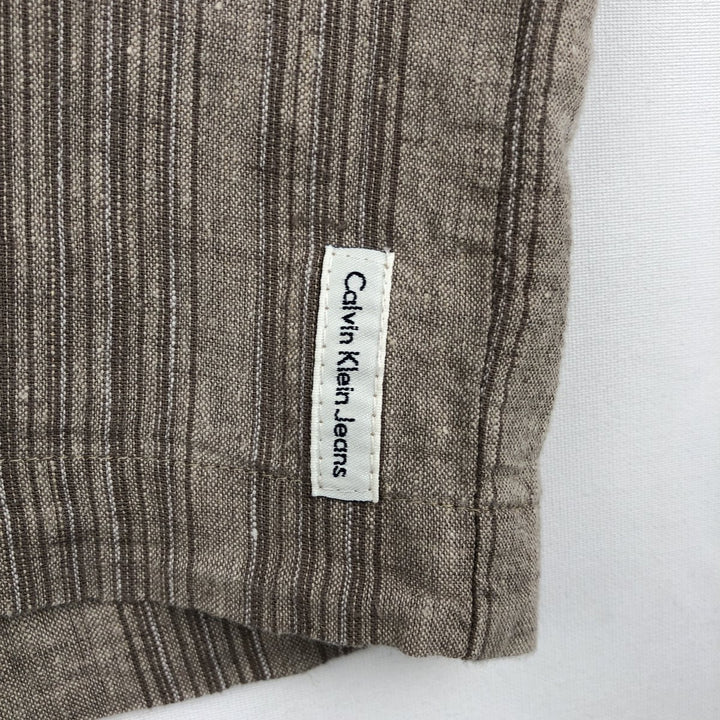 90s-00'S Calvin Klein Jeans Multi-stripe Short-sleeved Open-collar Linen x Cotton Box Shirt linen Beige type Vintage Second Hand
