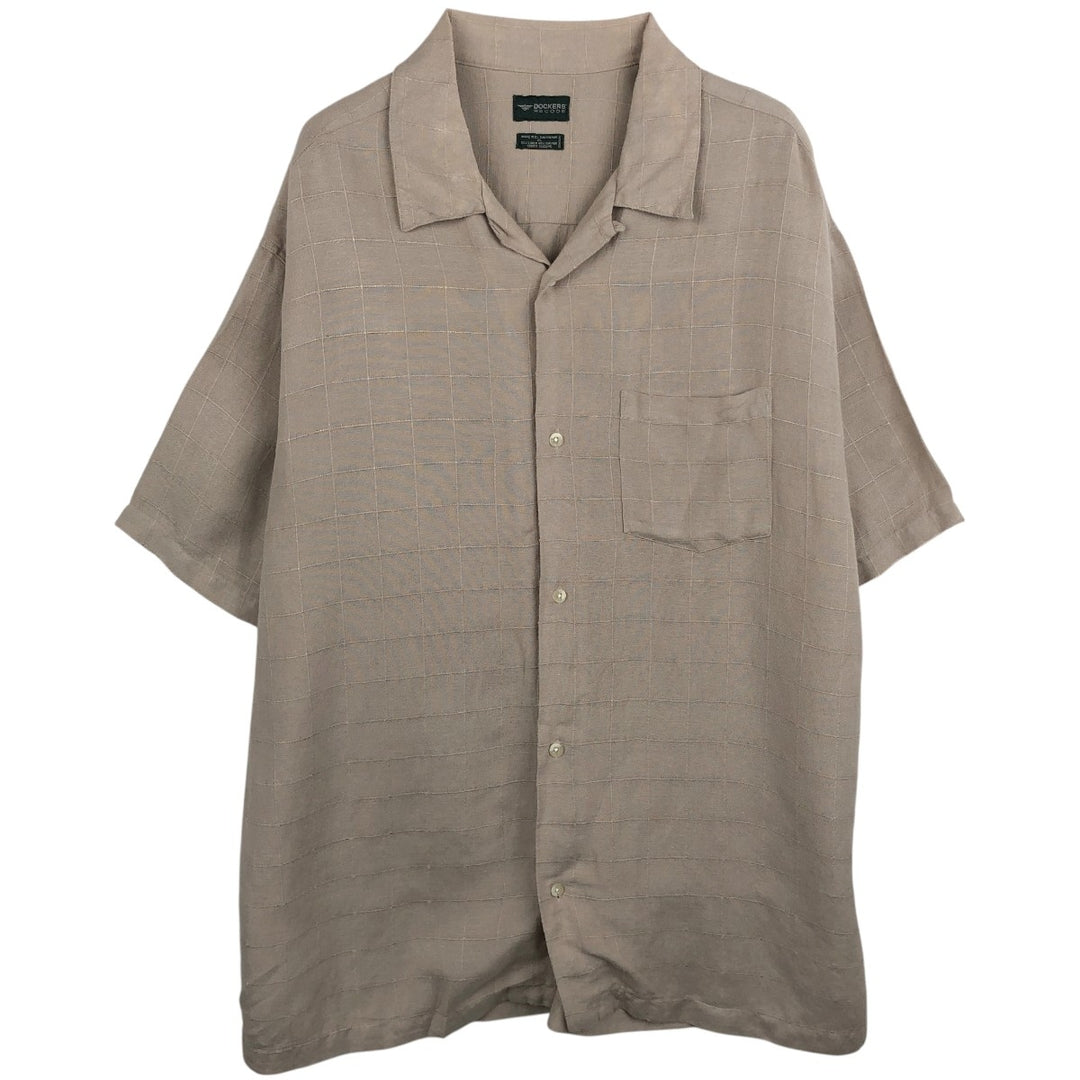 DOCKERS RECODE Check Pattern Short-Sleeve Open Collar Rayon x Linen Shirt, Boxy Shirt, Men's XL Equivalent linen Beige type Vintage Second Hand
