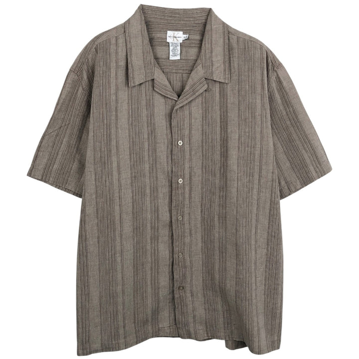 90s-00'S Calvin Klein Jeans Multi-stripe Short-sleeved Open-collar Linen x Cotton Box Shirt linen Beige type Vintage Second Hand
