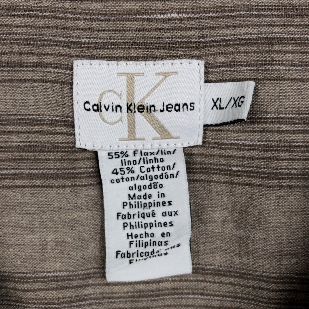 90s-00'S Calvin Klein Jeans Multi-stripe Short-sleeved Open-collar Linen x Cotton Box Shirt linen Beige type Vintage Second Hand