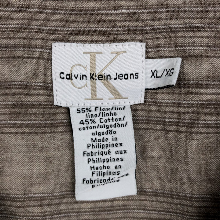 90s-00'S Calvin Klein Jeans Multi-stripe Short-sleeved Open-collar Linen x Cotton Box Shirt linen Beige type Vintage Second Hand