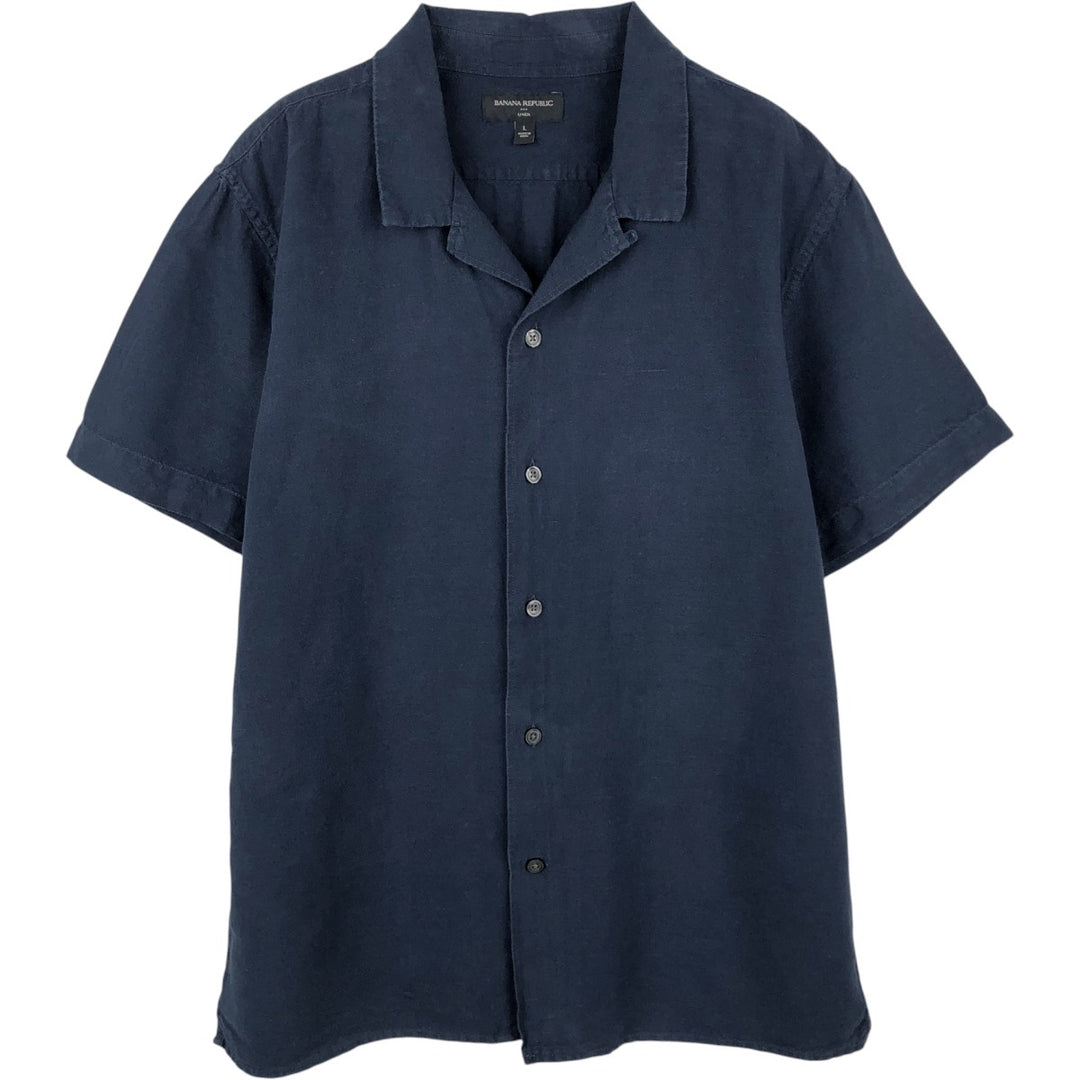 Banana Republic Short-Sleeve Open-Collar Linen x Cotton Box Shirt (Men's Size L) linen navy blue type Vintage Second Hand