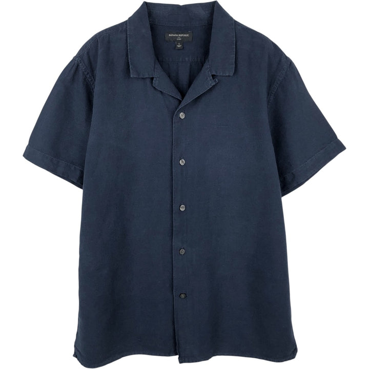 Banana Republic Short-Sleeve Open-Collar Linen x Cotton Box Shirt (Men's Size L) linen navy blue type Vintage Second Hand