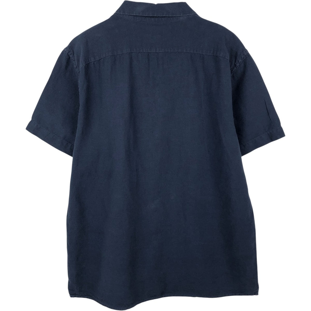 Banana Republic Short-Sleeve Open-Collar Linen x Cotton Box Shirt (Men's Size L) linen navy blue type Vintage Second Hand