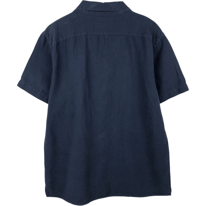 Banana Republic Short-Sleeve Open-Collar Linen x Cotton Box Shirt (Men's Size L) linen navy blue type Vintage Second Hand