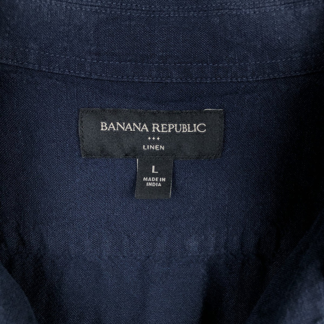 Banana Republic Short-Sleeve Open-Collar Linen x Cotton Box Shirt (Men's Size L) linen navy blue type Vintage Second Hand