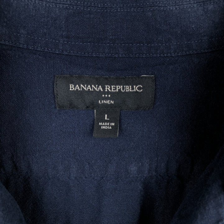 Banana Republic Short-Sleeve Open-Collar Linen x Cotton Box Shirt (Men's Size L) linen navy blue type Vintage Second Hand