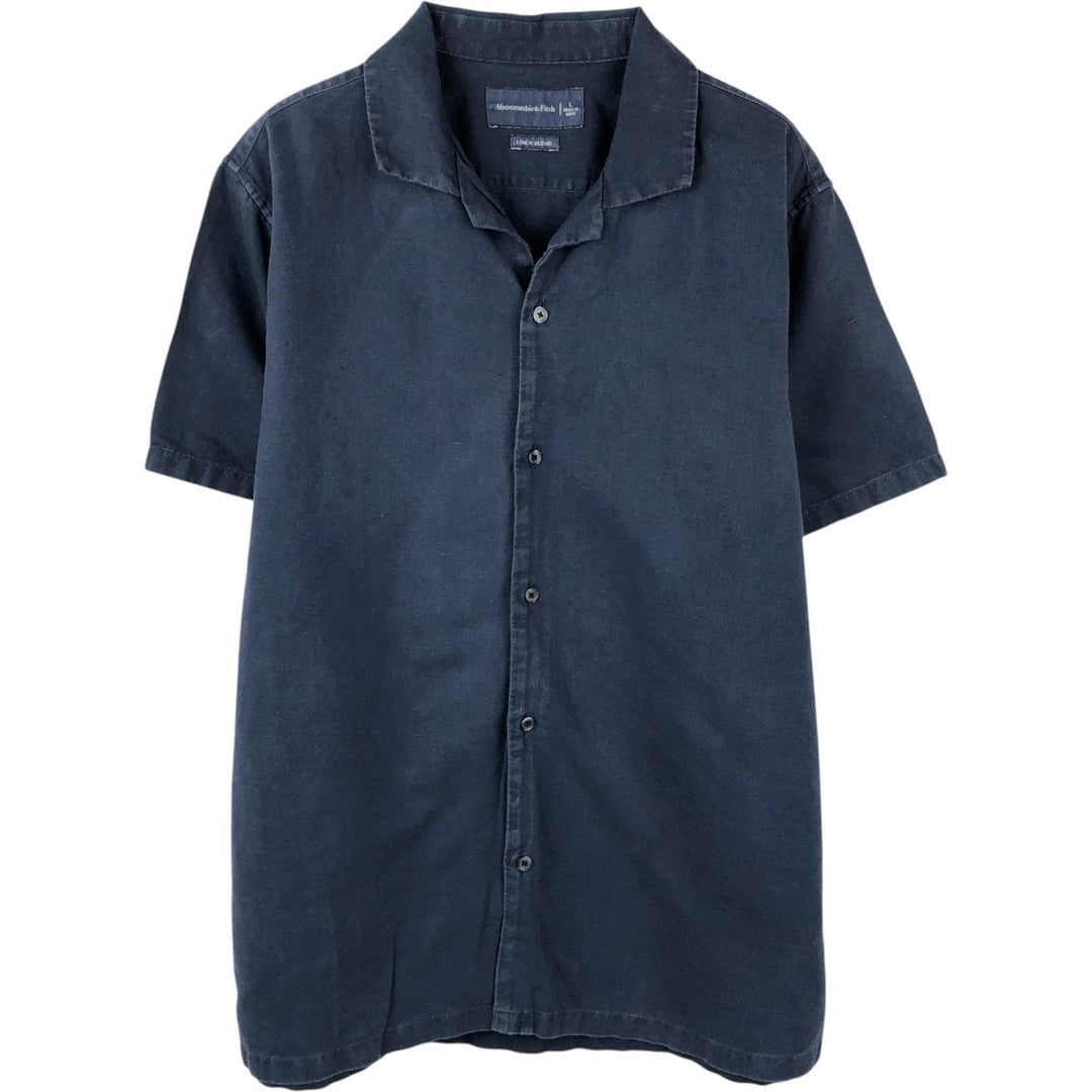 Abercrombie & Fitch Short-Sleeve Open-Collar Linen x Cotton Shirt, Men's Size L (Equivalent), Boxy Shirt linen navy blue type Vintage Second Hand