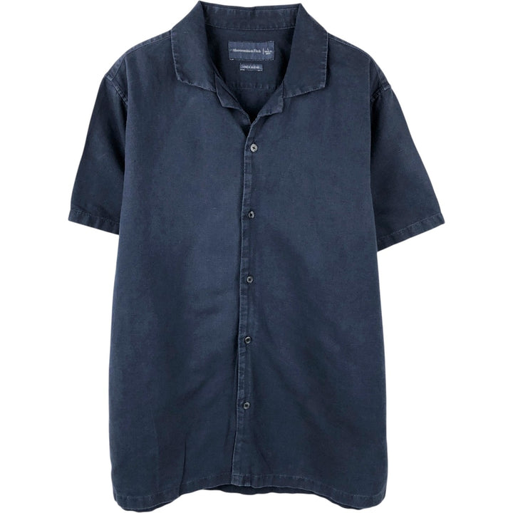 Abercrombie & Fitch Short-Sleeve Open-Collar Linen x Cotton Shirt, Men's Size L (Equivalent), Boxy Shirt linen navy blue type Vintage Second Hand