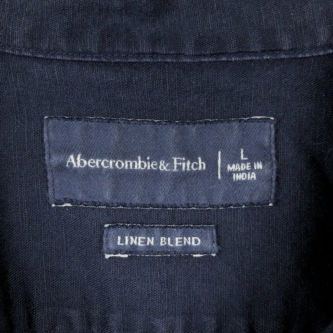 Abercrombie & Fitch Short-Sleeve Open-Collar Linen x Cotton Shirt, Men's Size L (Equivalent), Boxy Shirt linen navy blue type Vintage Second Hand
