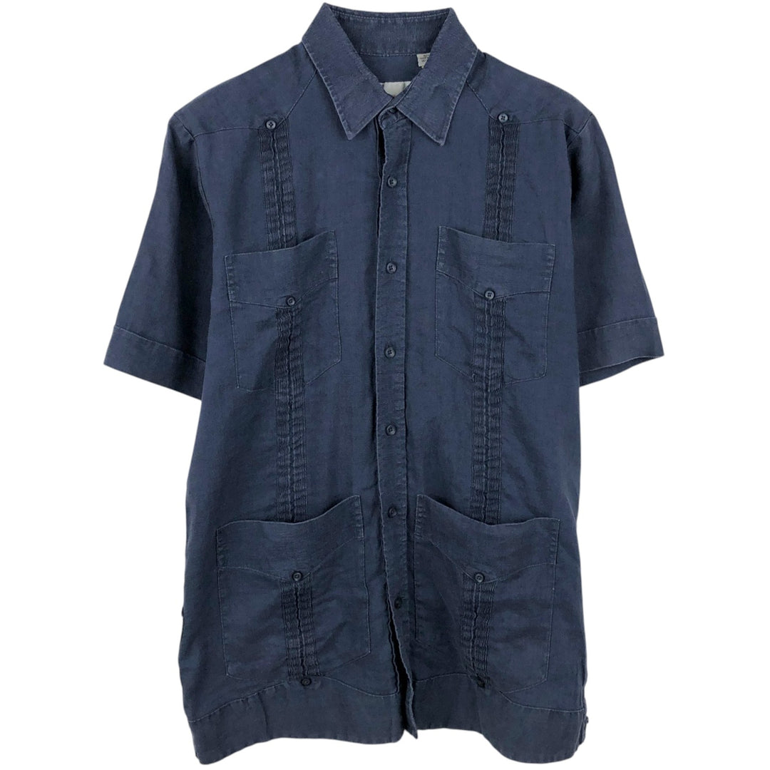 PANABRISA Short-Sleeve Mexican Shirt, Cuban Shirt, Boxy Shirt, Men's Size M (approx.) linen navy blue type Vintage Second Hand