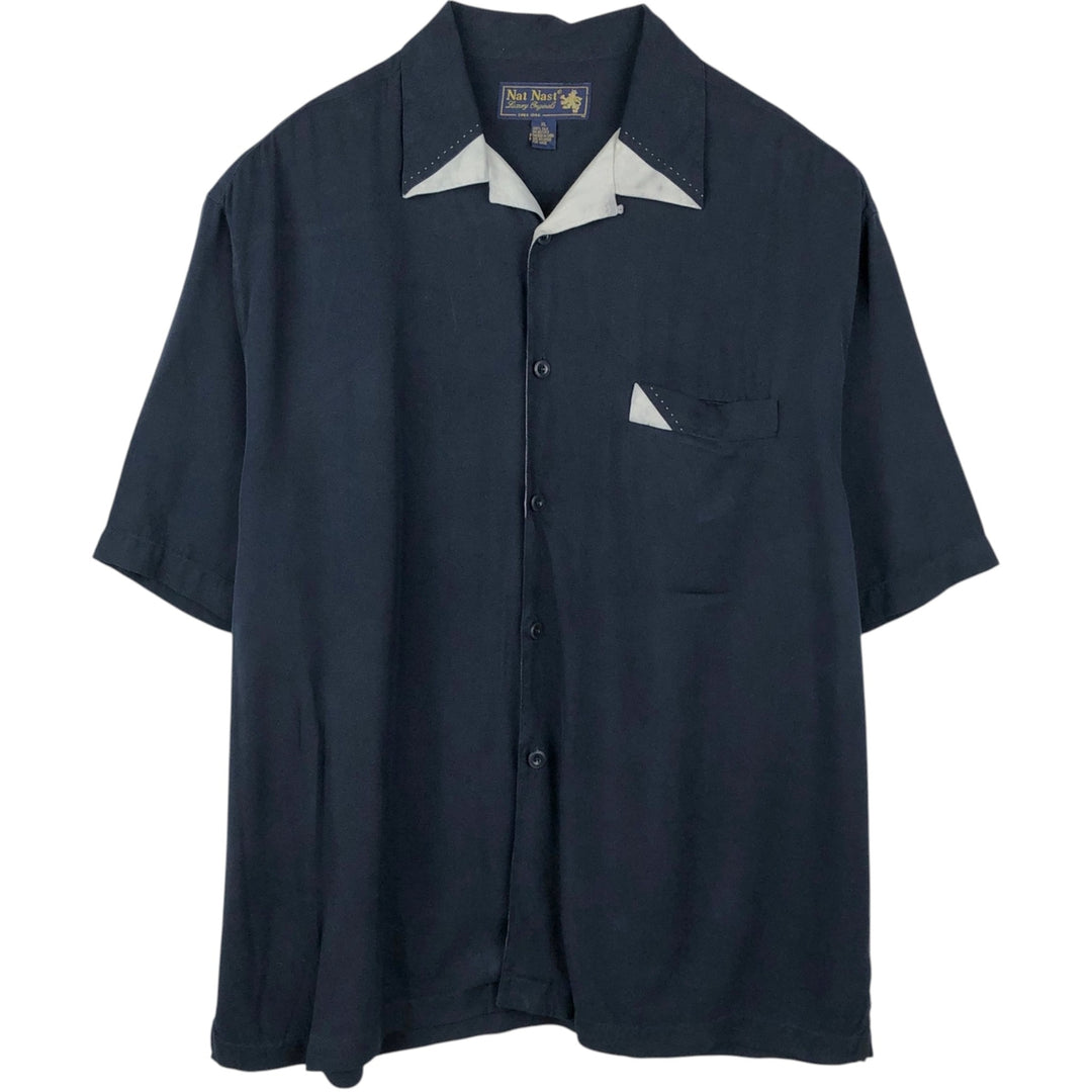 90'S Nat Nast Open Collar Short Sleeve Two-Tone Shirt, Boxy Shirt, Men's XL (approx.), Vintage silk navy blue type Vintage Second Hand