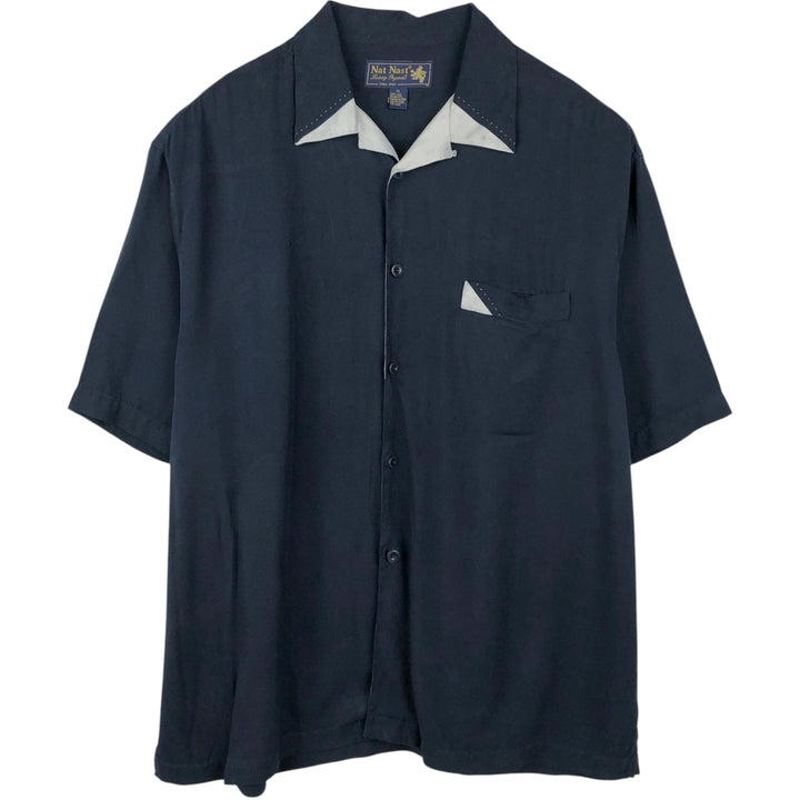 90'S Nat Nast Open Collar Short Sleeve Two-Tone Shirt, Boxy Shirt, Men's XL (approx.), Vintage silk navy blue type Vintage Second Hand