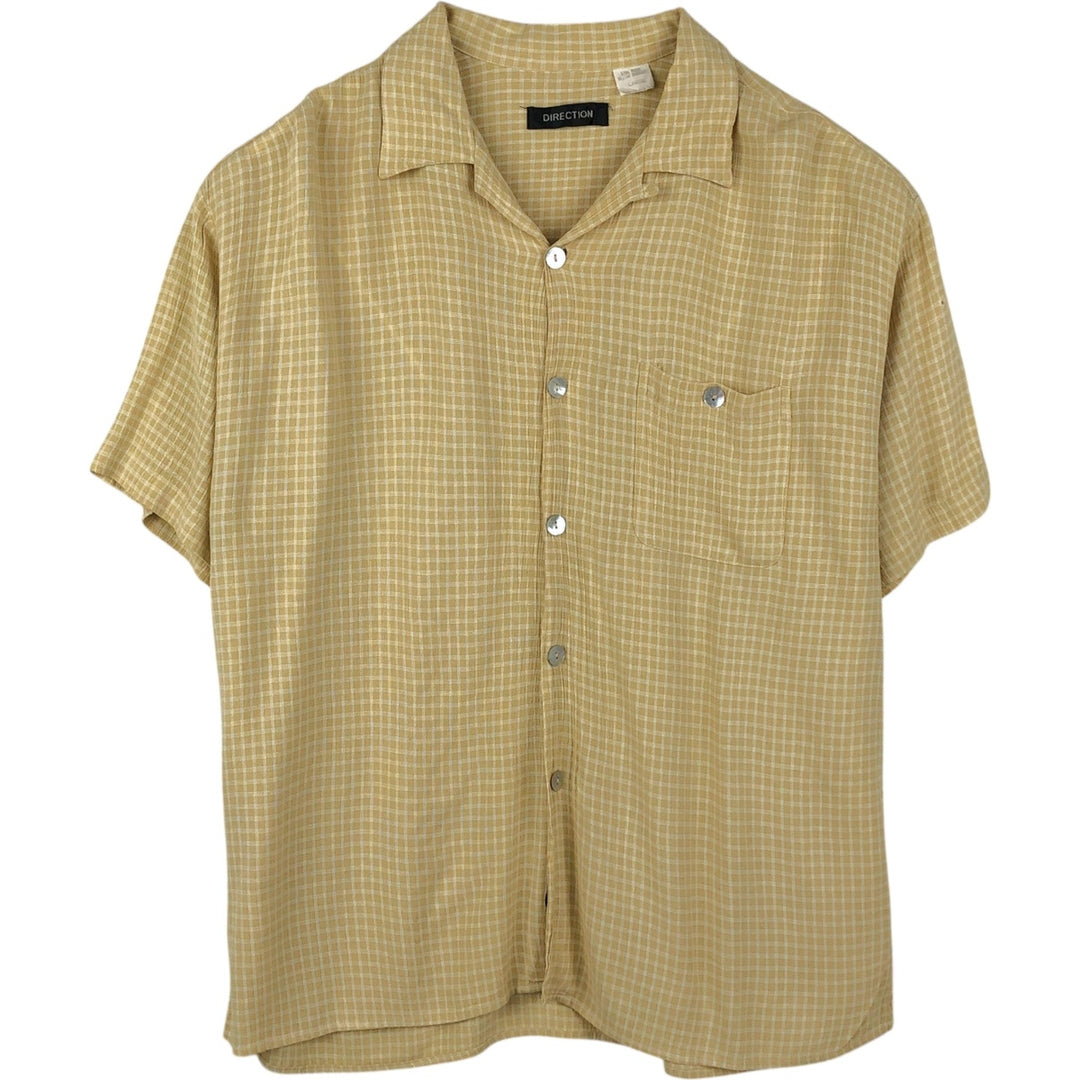 DIRECTION Check Pattern Short-Sleeve Open Collar Rayon Shirt, Boxy Shirt, Made in USA, Men's Size L Rayon yellow type Vintage Second Hand