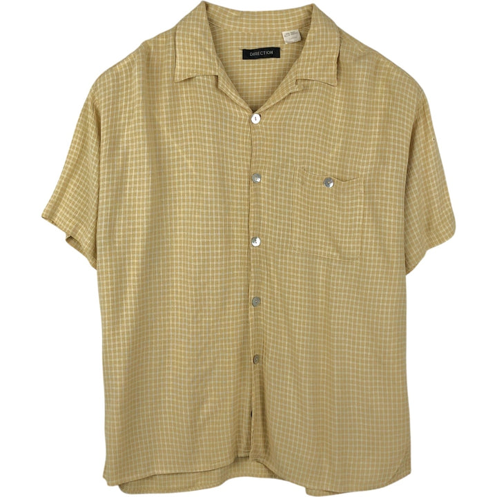 DIRECTION Check Pattern Short-Sleeve Open Collar Rayon Shirt, Boxy Shirt, Made in USA, Men's Size L Rayon yellow type Vintage Second Hand