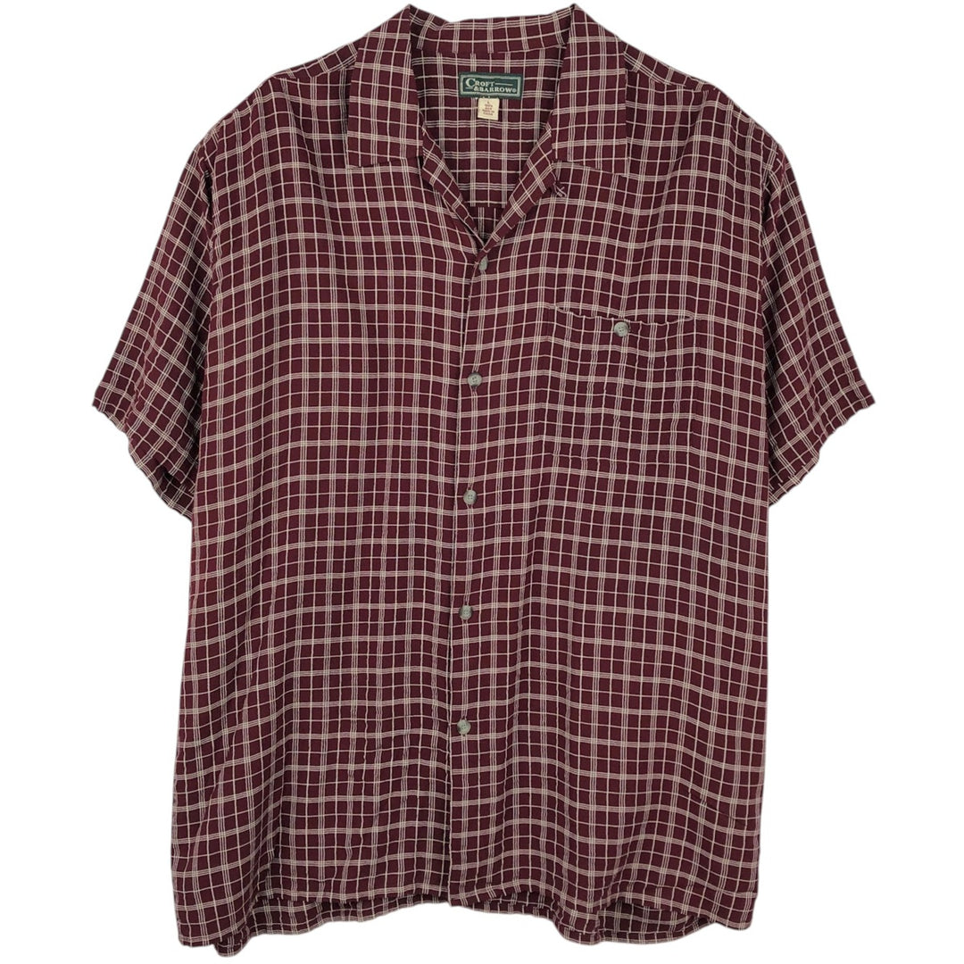 90s-era Craft & Barrow Check Pattern Short-Sleeve Open Collar Silk Shirt, Boxy Shirt, Men's Size L (Equivalent), Vintage silk bordeaux Vintage Second Hand