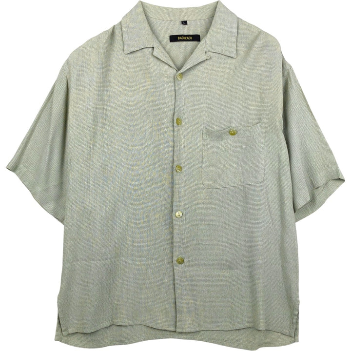 BACHRACH Short-Sleeve Open Collar Acetate x Rayon Box Shirt, Made in USA, Men's Size L (approx.) Rayon Khaki type sage green Vintage Second Hand