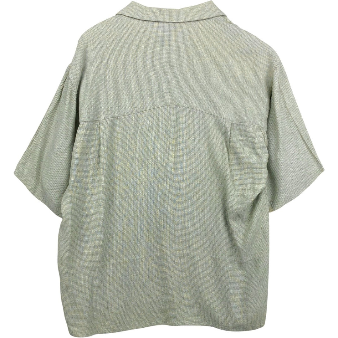 BACHRACH Short-Sleeve Open Collar Acetate x Rayon Box Shirt, Made in USA, Men's Size L (approx.) Rayon Khaki type sage green Vintage Second Hand