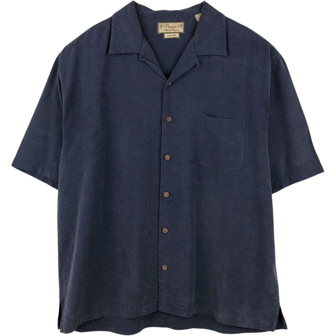 Pusser's Island Reserve Short-Sleeve Open-Collar Silk Shirt, Boxy Fit, Men's Size L (approx.) silk navy blue type Vintage Second Hand