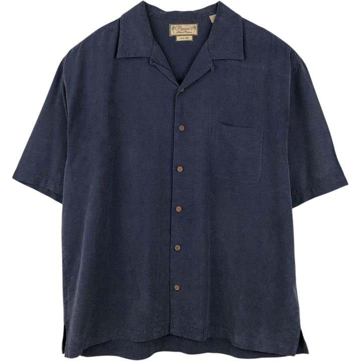 Pusser's Island Reserve Short-Sleeve Open-Collar Silk Shirt, Boxy Fit, Men's Size L (approx.) silk navy blue type Vintage Second Hand