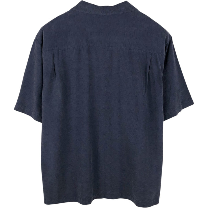 Pusser's Island Reserve Short-Sleeve Open-Collar Silk Shirt, Boxy Fit, Men's Size L (approx.) silk navy blue type Vintage Second Hand