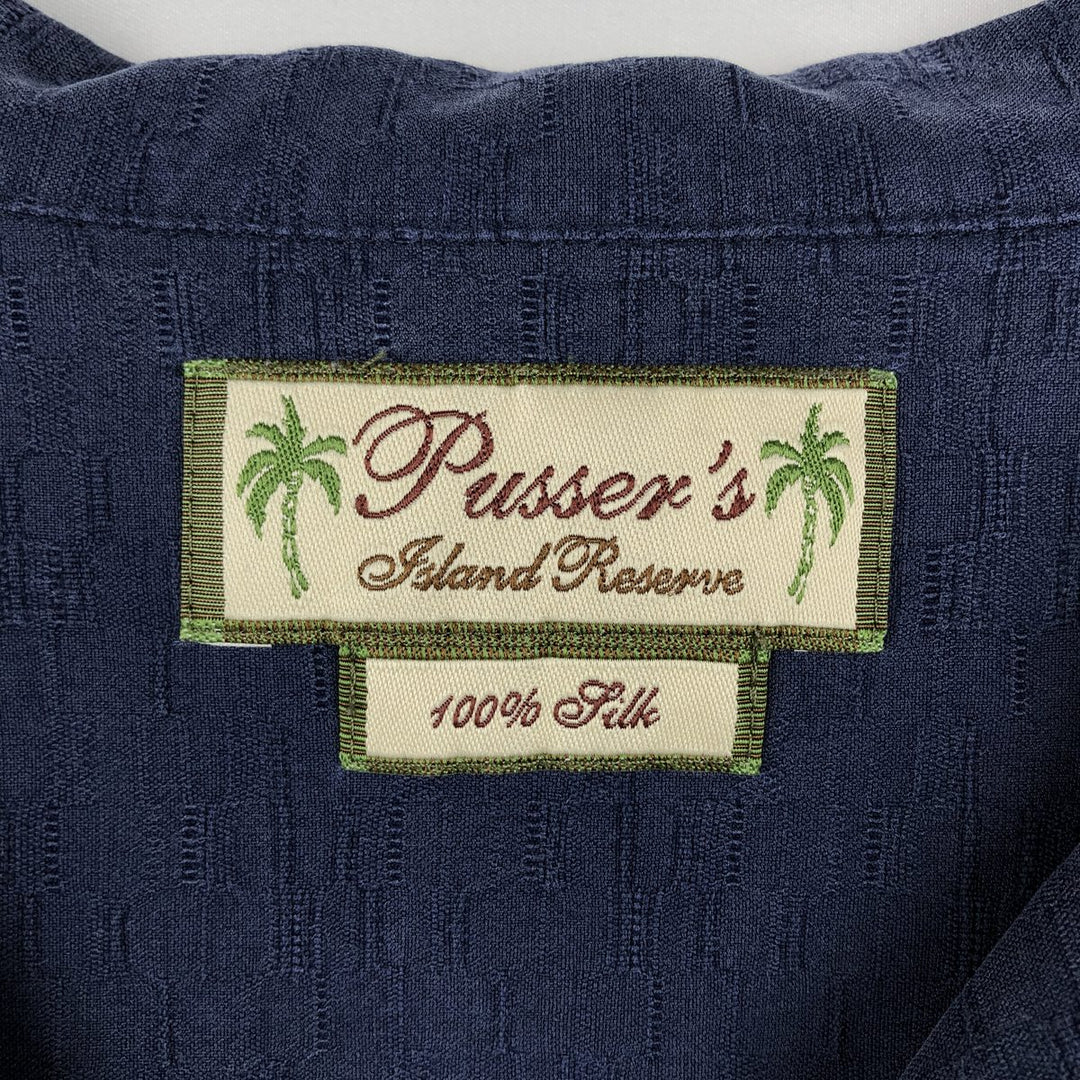 Pusser's Island Reserve Short-Sleeve Open-Collar Silk Shirt, Boxy Fit, Men's Size L (approx.) silk navy blue type Vintage Second Hand