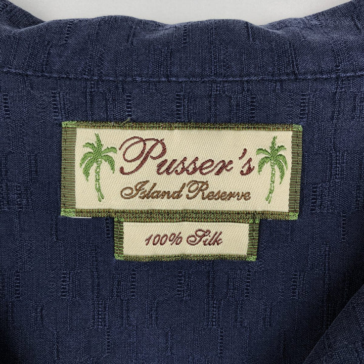 Pusser's Island Reserve Short-Sleeve Open-Collar Silk Shirt, Boxy Fit, Men's Size L (approx.) silk navy blue type Vintage Second Hand