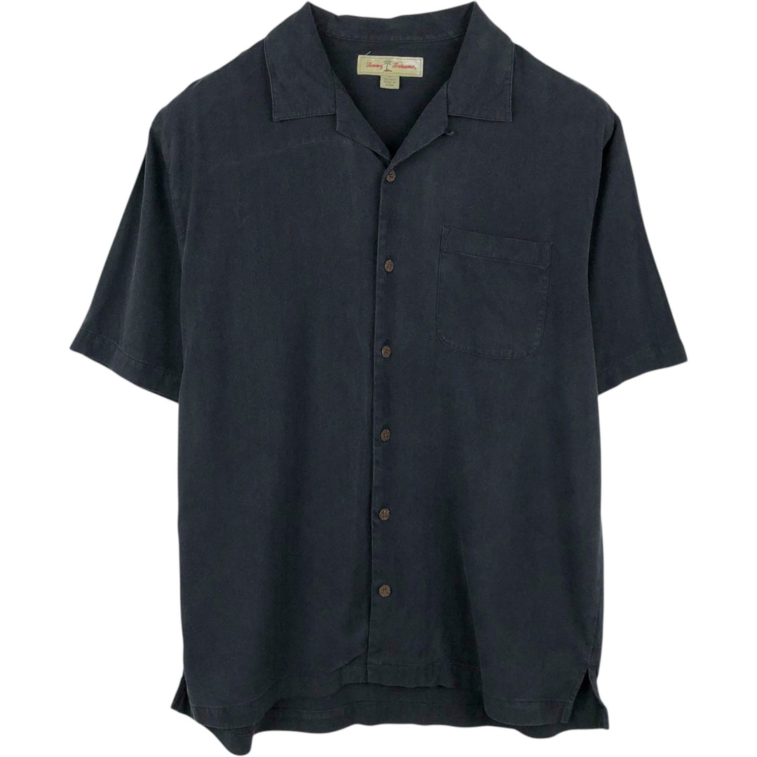 Tommy Bahama herringbone short-sleeved open-collar silk shirt, boxy fit, men's size M. silk black type Vintage Second Hand