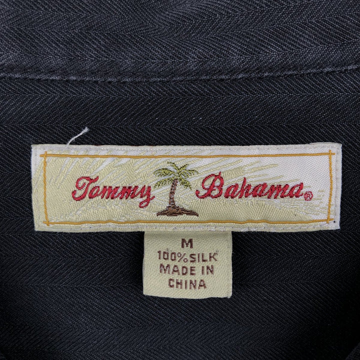 Tommy Bahama herringbone short-sleeved open-collar silk shirt, boxy fit, men's size M. silk black type Vintage Second Hand