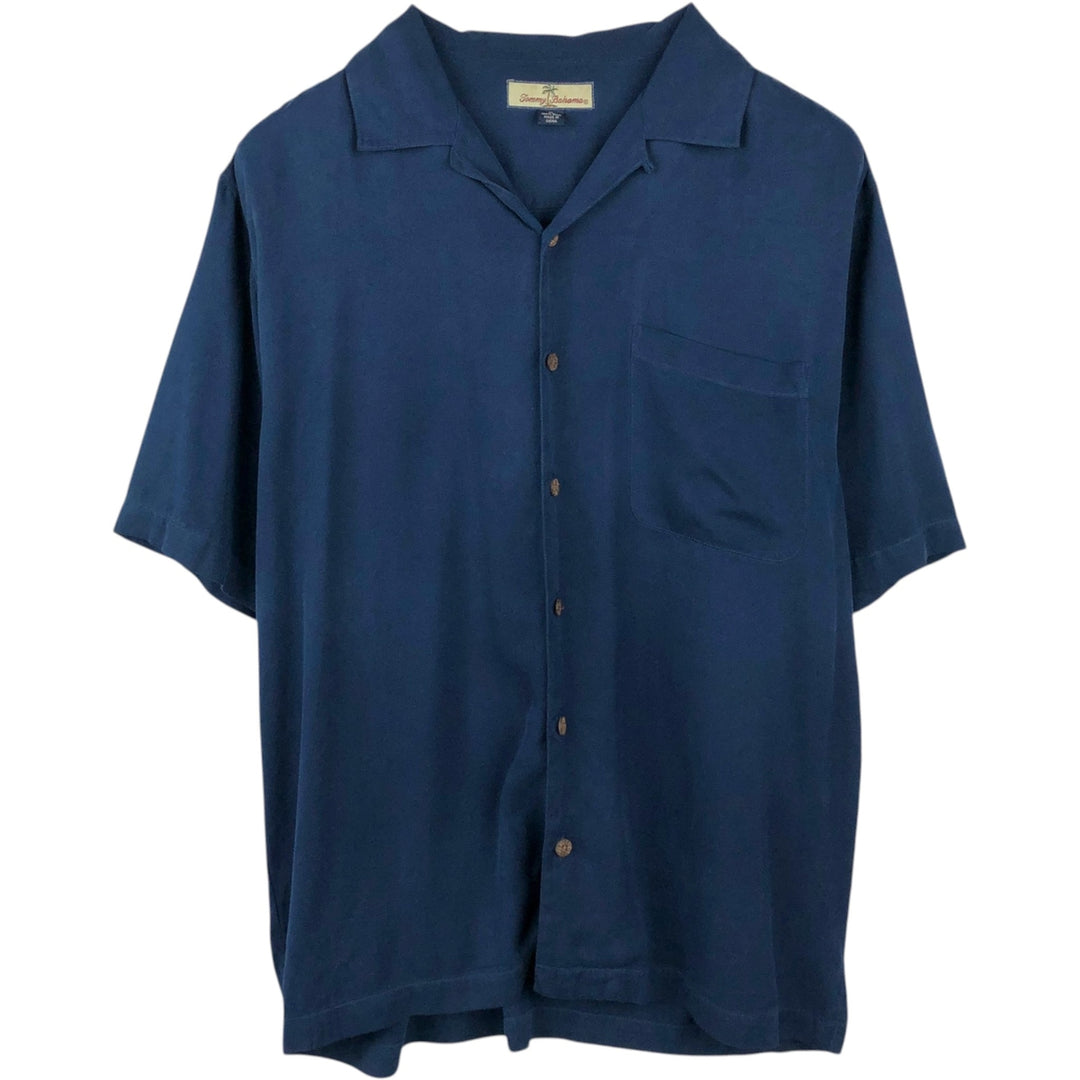 Tommy Bahama Relax Short-Sleeve Open-Collar Silk Shirt, Boxy Fit, Men's Size M silk navy blue type Vintage Second Hand