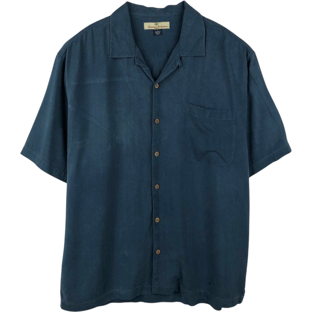 Tommy Bahama Herringbone Short Sleeve Open Collar Silk Box Shirt, Men's Size L silk Navy blue Vintage Second Hand