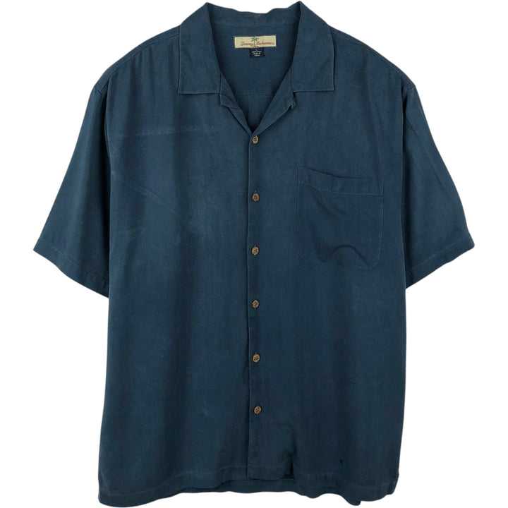 Tommy Bahama Herringbone Short Sleeve Open Collar Silk Box Shirt, Men's Size L silk Navy blue Vintage Second Hand