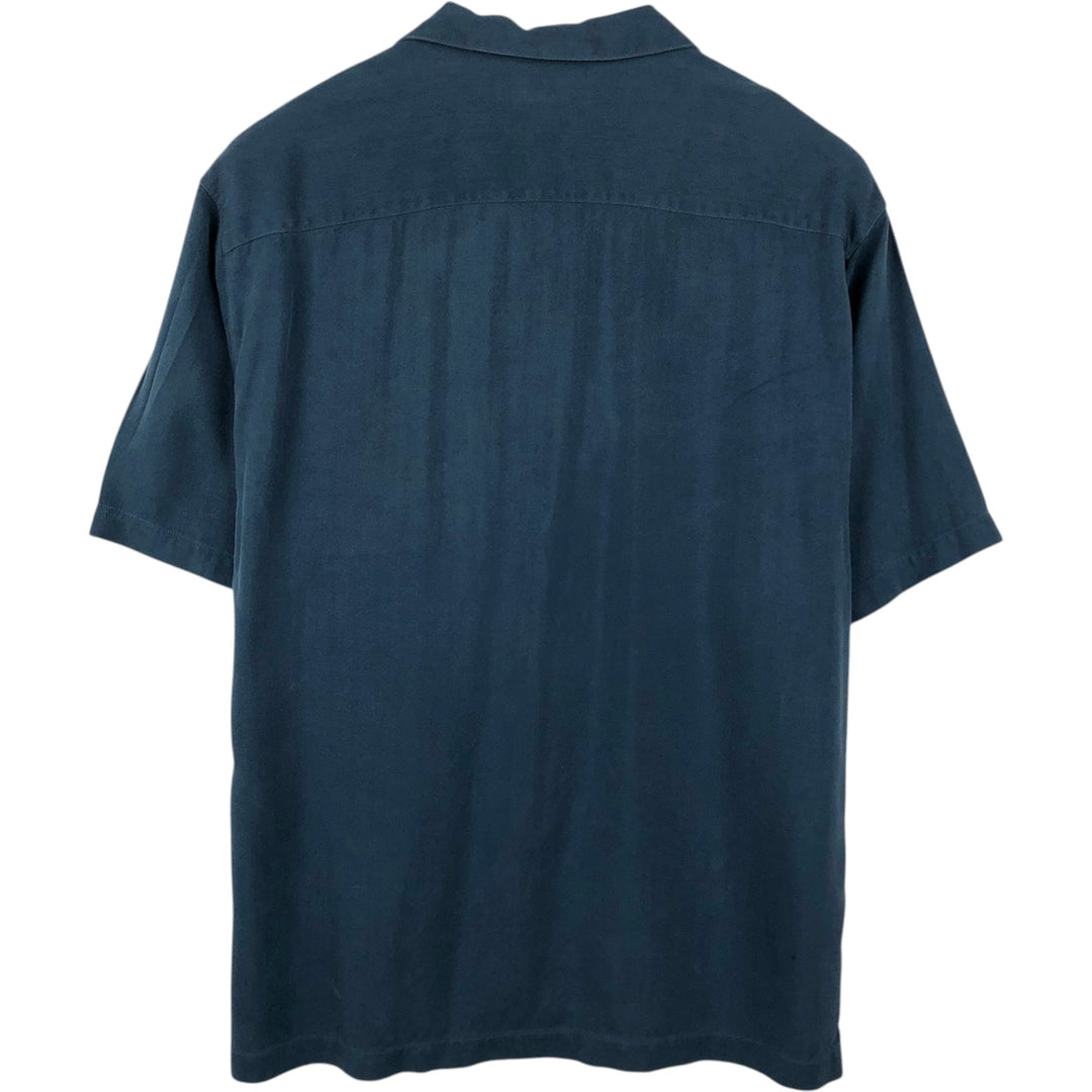 Tommy Bahama Herringbone Short Sleeve Open Collar Silk Box Shirt, Men's Size L silk Navy blue Vintage Second Hand