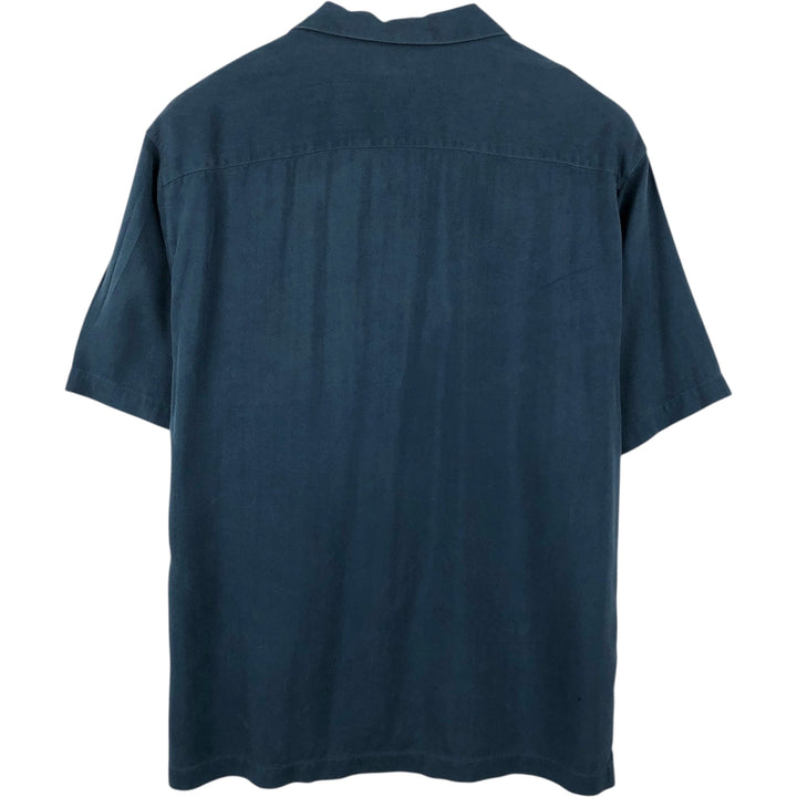 Tommy Bahama Herringbone Short Sleeve Open Collar Silk Box Shirt, Men's Size L silk Navy blue Vintage Second Hand