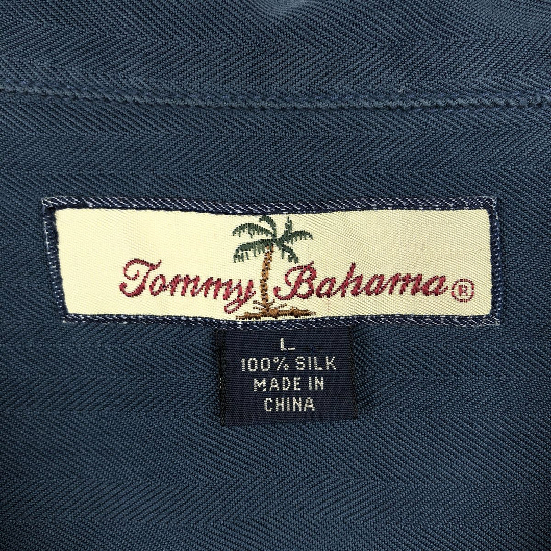 Tommy Bahama Herringbone Short Sleeve Open Collar Silk Box Shirt, Men's Size L silk Navy blue Vintage Second Hand