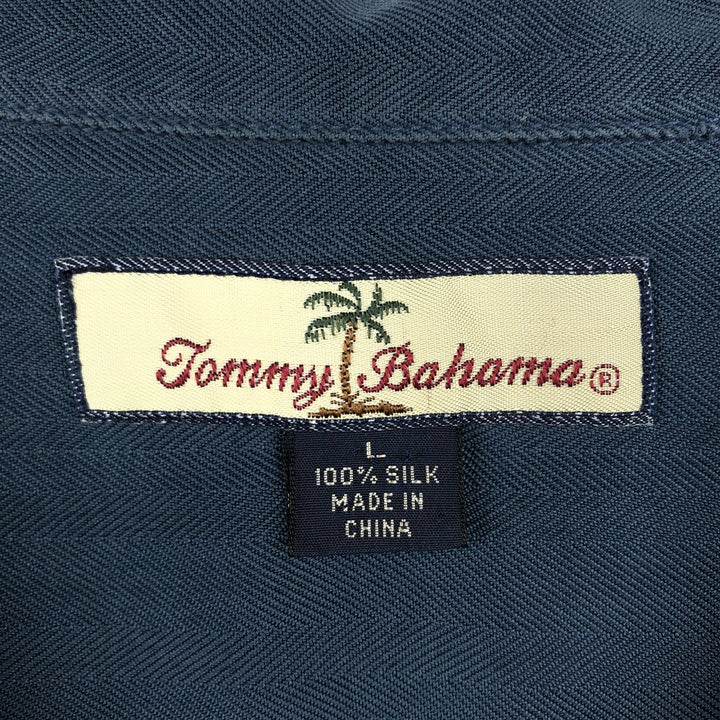 Tommy Bahama Herringbone Short Sleeve Open Collar Silk Box Shirt, Men's Size L silk Navy blue Vintage Second Hand