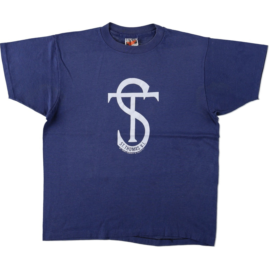 1980'S Hanes orange tag St. Thomas, VI souvenir T-shirt, made in USA, men's size L equivalent. cotton navy blue type Vintage Second Hand