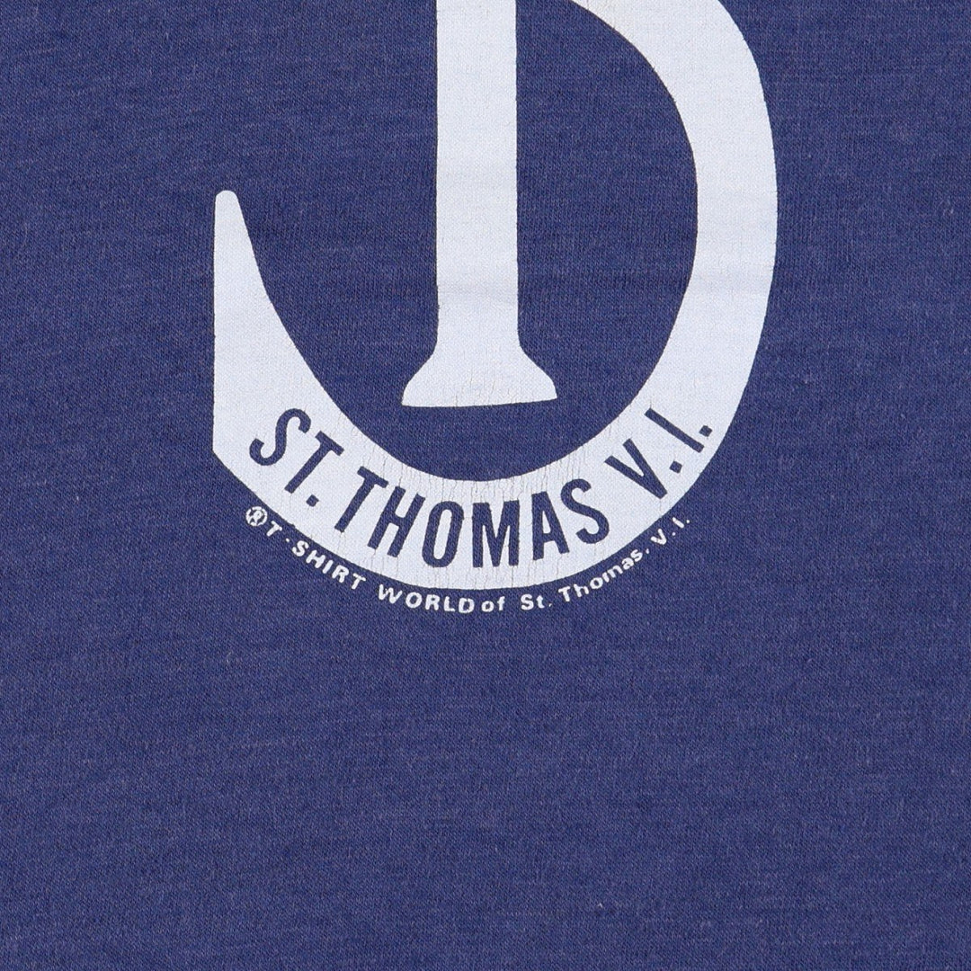 1980'S Hanes orange tag St. Thomas, VI souvenir T-shirt, made in USA, men's size L equivalent. cotton navy blue type Vintage Second Hand