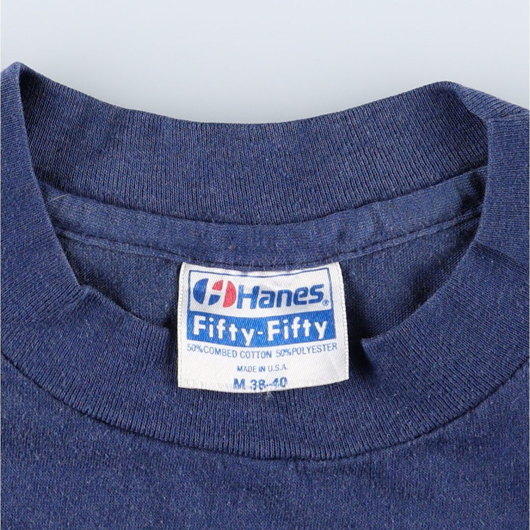 Vintage 80'S Hanes Fifty-Fifty Blue Tag Printed T-Shirt Made in USA Men's M Size cotton navy blue type Vintage Second Hand