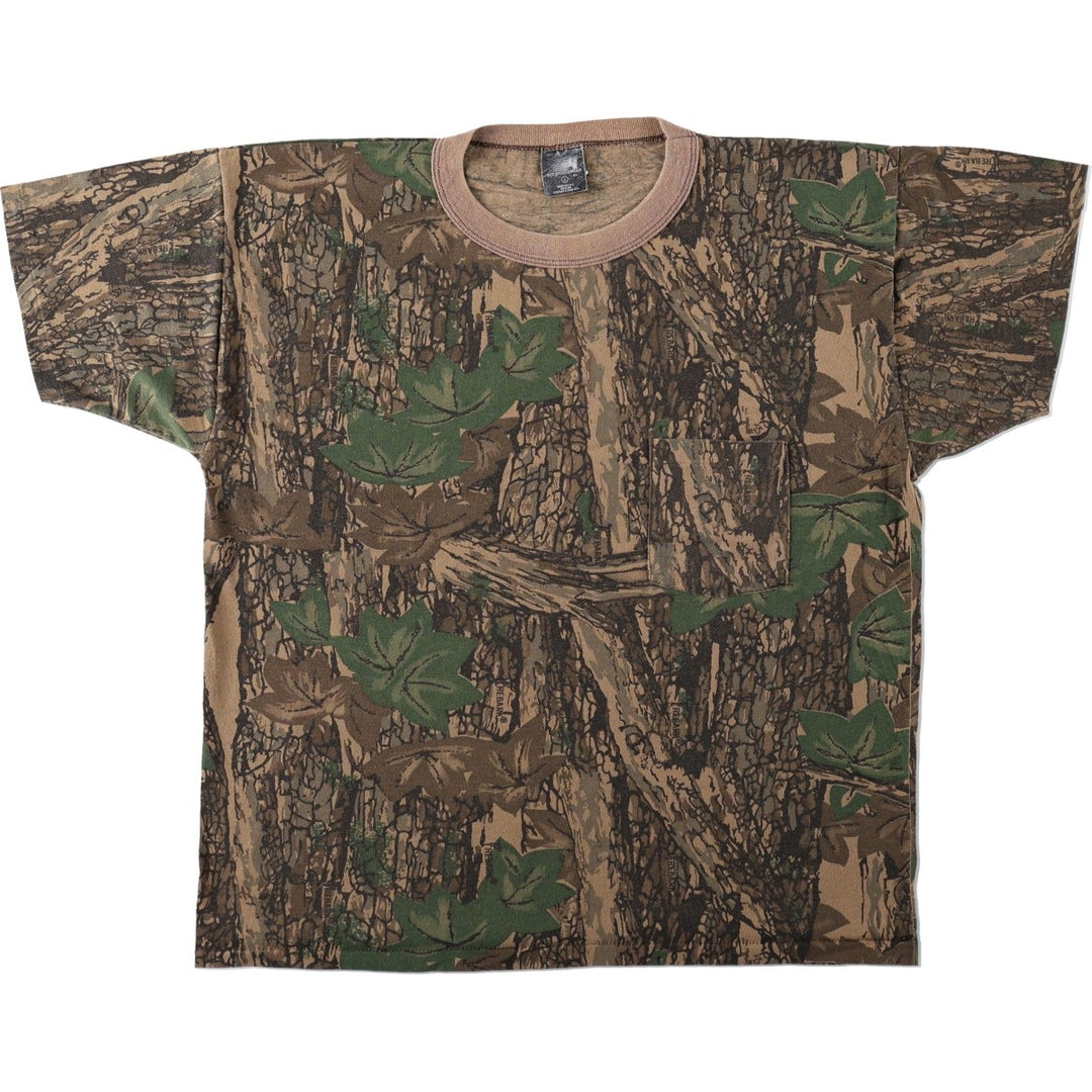 ~90'S ACE SPORTSWEAR Camouflage Pattern Real Tree Camo Pocket T-Shirt, Made in USA, Men's Size L (Equivalent), Vintage polyester Khaki type brown Vintage Second Hand