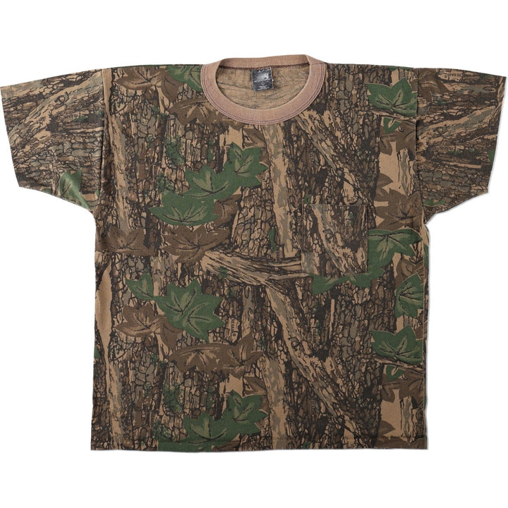 ~90'S ACE SPORTSWEAR Camouflage Pattern Real Tree Camo Pocket T-Shirt, Made in USA, Men's Size L (Equivalent), Vintage polyester Khaki type brown Vintage Second Hand
